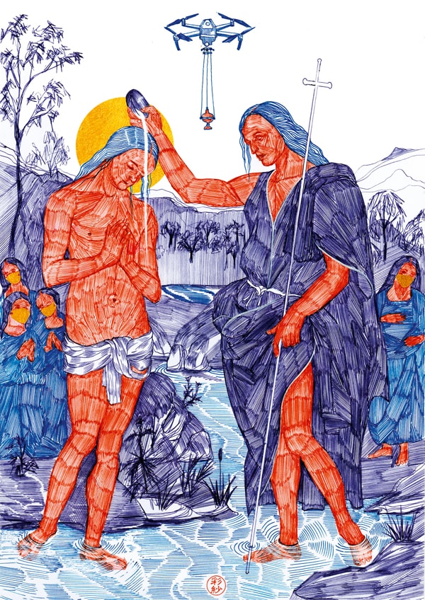 «Крещение Господне», шариковая ручка, серия #TheSecondComing, частная коллекция, 2020